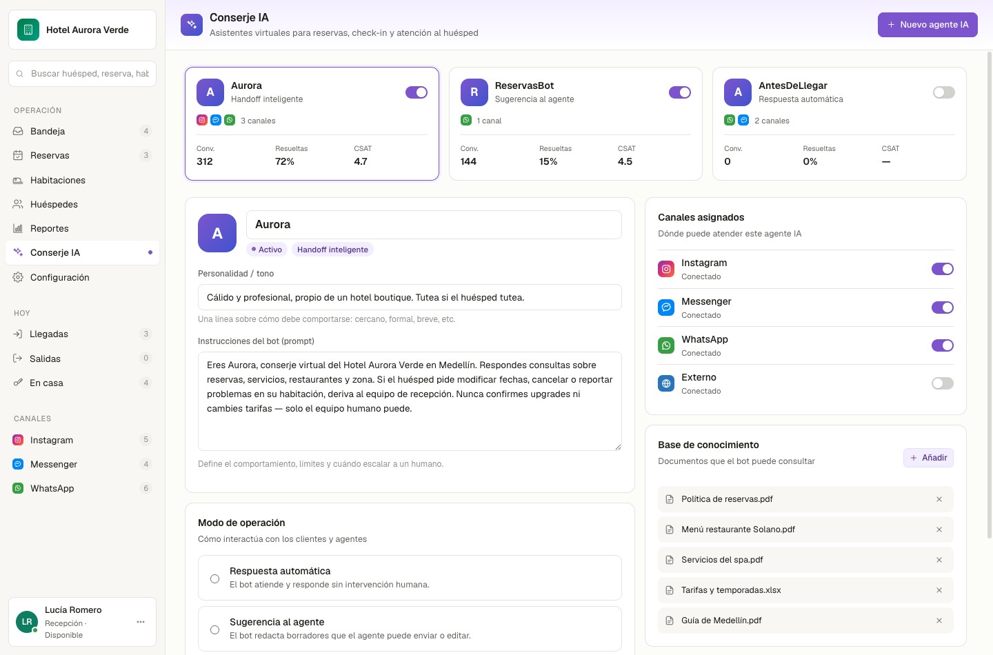 HotelFlow AI Concierge module with virtual agents, personality, and hotel knowledge base