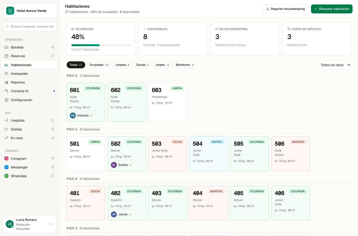 HotelFlow Rooms module with floor map and housekeeping and occupancy status